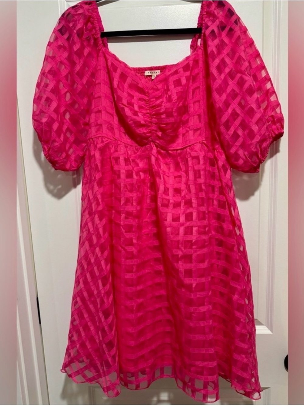 Ladies Plus Size Pink Puff-Sleeve Check Organza Dress